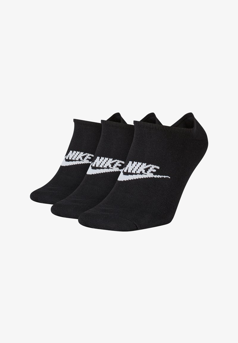 Conjunto de calcetines negros hasta el tobillo con el logo y el swoosh de Nike en blanco. Hechos de material suave, presentan un puño acanalado y un diseño sin costuras en la punta.