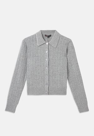 Gray ribbed cardigan with a collared neckline, seven-button front closure, and embellished collar detail. Soft knit texture, fitted shape.