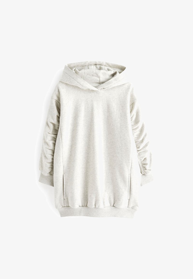 Sweat-shirt à capuche gris clair à manches longues avec manches froncées, poches kangourou et poignets et ourlet côtelés.