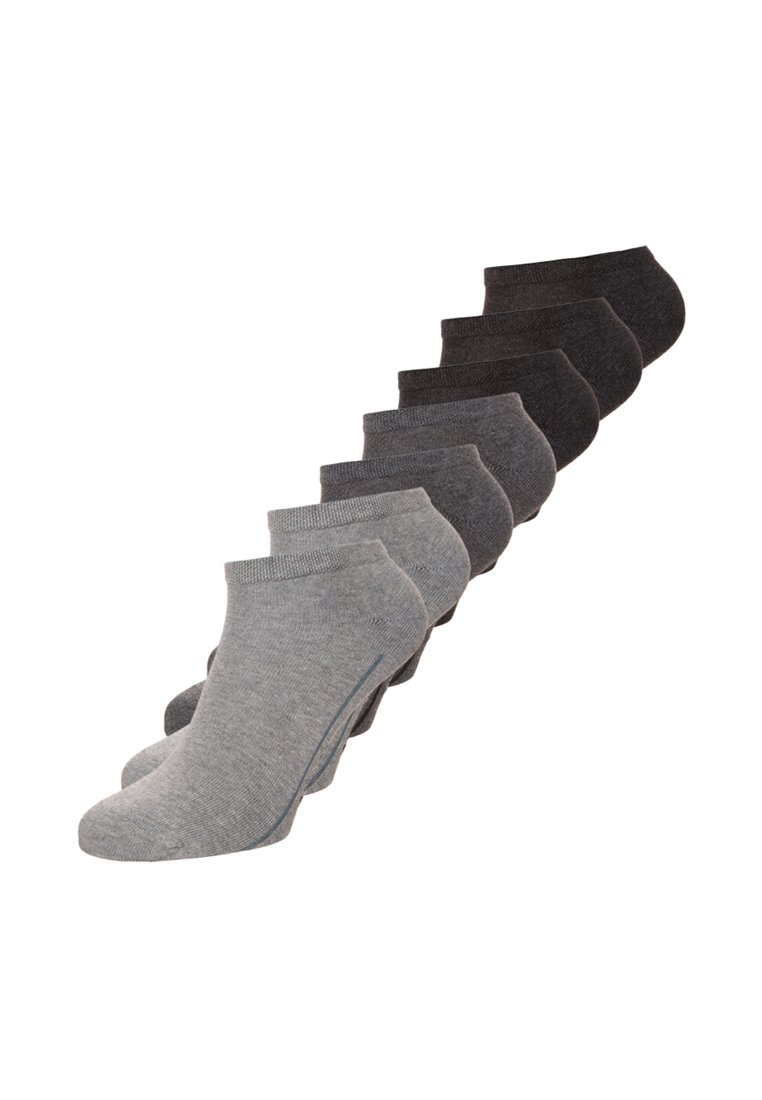 Set aus acht Passform-Socken in unterschiedlichen Grautönen und Schwarz. Hergestellt aus einem weichen, dehnbaren Stoff mit nahtlosem Design für Komfort.