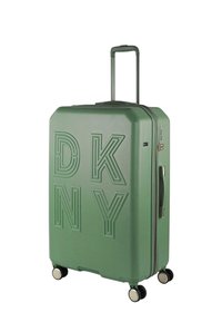 Maleta rígida verde con las letras "DKNY" en relieve, asa retráctil y cuatro ruedas multidireccionales. Superficie texturizada.