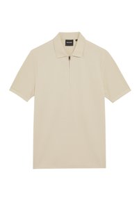 Beige polo tröja gjord av textilstruktur, med en dragkedja vid ståkragen och korta ärmar. Minimalistisk design utan mönster eller accenter.