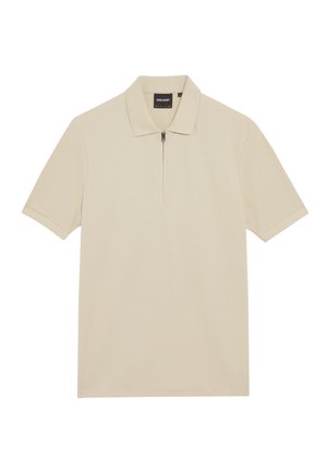 Beige Poloshirt aus strukturiertem Stoff, mit einem Reißverschluss-Kragen und kurzen Ärmeln. Minimalistisches Design ohne Muster oder Akzente.
