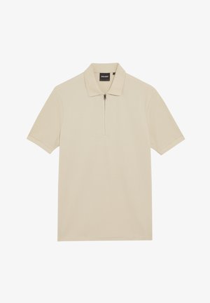 Beige Poloshirt aus strukturiertem Stoff, mit einem Reißverschluss-Kragen und kurzen Ärmeln. Minimalistisches Design ohne Muster oder Akzente.
