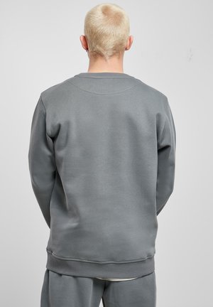 Felpa grigia con scollo tondo, polsini e orlo a coste, caratterizzata da una texture liscia e una vestibilità rilassata. Dettaglio di cuciture visibili lungo la spalla.