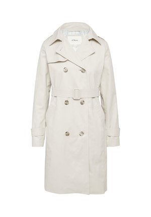 Beiger Trenchcoat mit doppelreihigem Design, großen Knöpfen und tailliertem Gürtel. Verfügt über Schulterklappen und detaillierte Taschen. Gefüttert mit gestreifter Stoff.