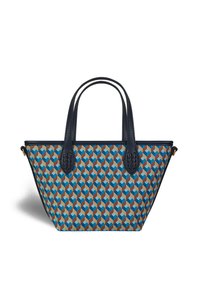 Blue and brown patterned tote bag with textured dark blue handles and accents, featuring a geometric design and an open-top structure.