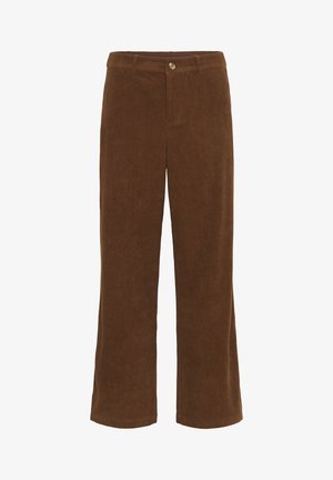 Bruine corduroybroek met een recht gesneeden ontwerp, voorzien van een knoopsluiting aan de voorkant en subtiele verticale ribbels.