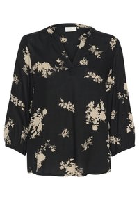 Blusa negra con escote en V y mangas ¾, que presenta un patrón floral beige. Tejido suave con un corte holgado y puños de manga elásticos.