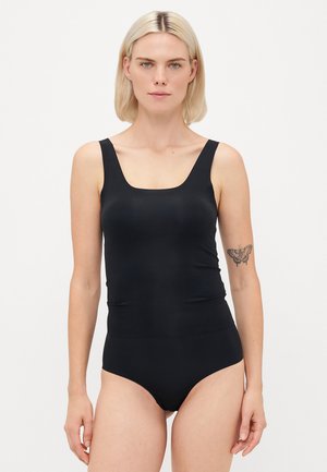 Black tank swimsuit with square neckline, thick straps, and fitted waist. Smooth texture, minimalistic design, and high-cut leg opening.