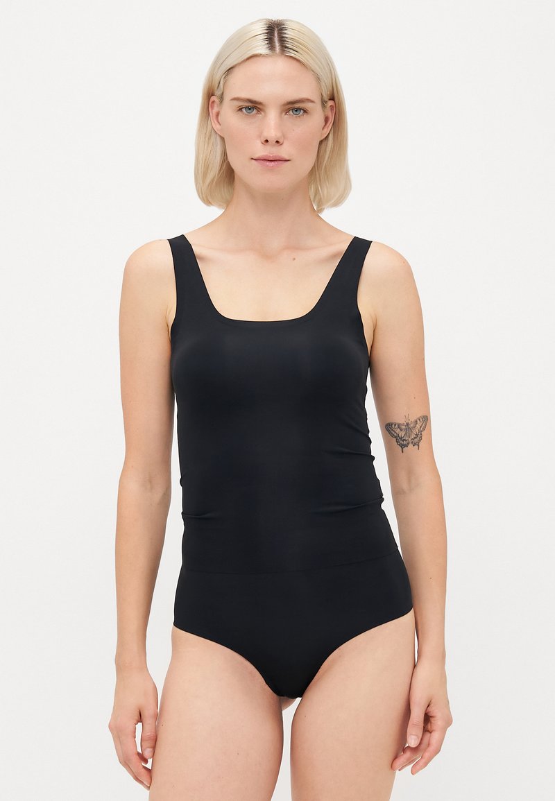 Black tank swimsuit with square neckline, thick straps, and fitted waist. Smooth texture, minimalistic design, and high-cut leg opening.