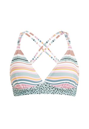 Pruhovaný bikiny vrch s trojuholníkovými košíkmi, ktorý obsahuje horizontálne a vertikálne pruhy v pastelových farbách a bodkovaný pás na spodnej strane.