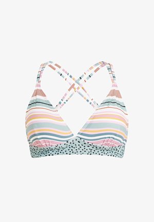 Juostuotas bikini viršus su trikampėmis taurėmis, kuriame yra horizontalių ir vertikalių linijų pastelinių spalvų derinys ir taškai apatinėje juostoje.