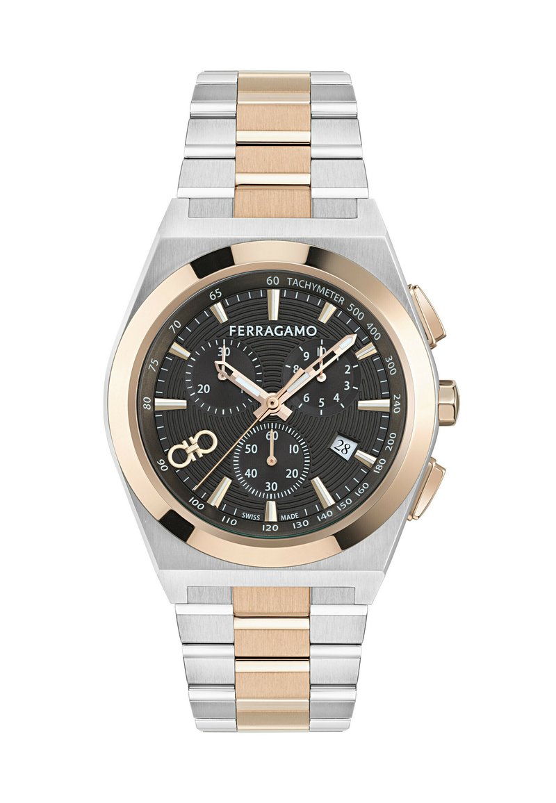 Orologio cronografo con quadrante nero testurizzato, bracciale bicolore in acciaio inossidabile e oro rosa, grandi numeri e display della data.