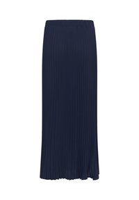 Mørkeblå plisseret midi-nederdel med elastisk talje, lige snit og let stof, der flyder.