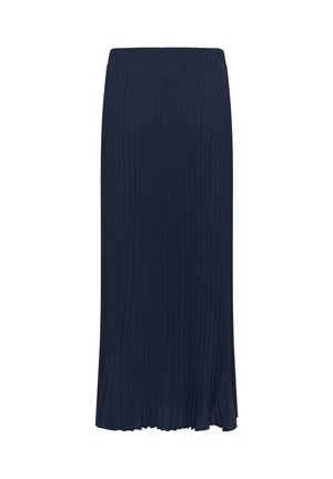Tumši zilas krāsas pleitēta midi svārku ar elastīgu jostasvietu, taisnu griezumu un vieglu auduma plūsmu.
