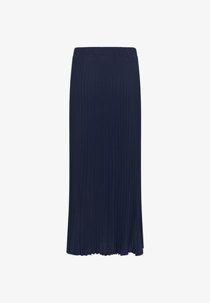 Falda midi plisada azul marino con cintura elástica, corte recto y fluidez de tejido ligero.