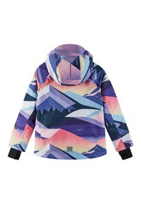 Giacca da sci colorata e decorata con design geometrico delle montagne in rosa, viola e blu. Presenta un cappuccio, polsini elastici e tessuto impermeabile.