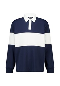 Navy blue long-sleeve polo shirt with a white horizontal stripe, buttoned collar, and soft textured fabric. Features a relaxed fit.