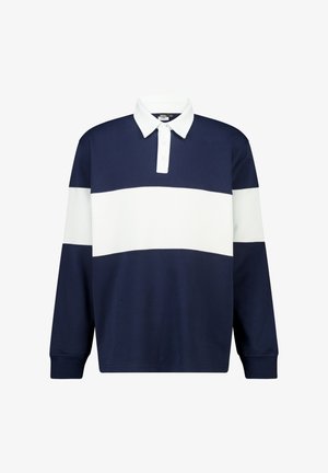Polo shirt à manches longues bleu marine avec une bande horizontale blanche, col boutonné et tissu texturé doux. Présente une coupe décontractée.