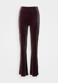 Σκούρες μωβ βελούδινες κολάν ψηλής μέσης με φαρδιά σχεδίαση στο πόδι, τοποθετημένα σε λευκό φόντο.