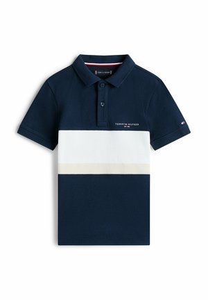 Polohemd in Marineblau und Weiß in Blockfarben, mit kurzen Ärmeln, 2-Knopfleiste und Tommy Hilfiger Logo auf Brust und Ärmel.