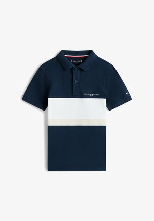 Granatowo-biała koszulka polo w blokowe kolory, z krótkimi rękawami, patką na guziki z dwoma guzikami oraz logo Tommy Hilfiger na piersi i rękawie.
