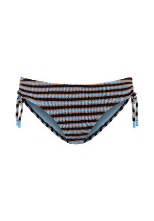 Dół bikini w paski z teksturowanej tkaniny z niebieskimi, czarnymi i brązowymi poziomymi paskami oraz wiązanymi po bokach sznurkami z niebieskimi końcówkami.