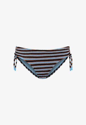 Gestreept bikinibroekje van gestructureerde stof met blauwe, zwarte en bruine horizontale strepen en zijstrikjes met blauwe uiteinden.