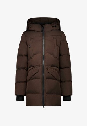 Bruine gewatteerde winterjas met capuchon, rits aan de voorkant, twee klepzakken en geribde boorden aan de mouwen.