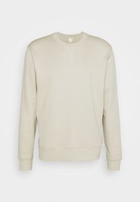 Sweatshirt beige à manches longues avec col ras du cou, poignets et ourlet côtelés, ornée d'un détail en forme de V cousu sous le col.