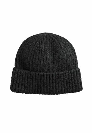 Black knitted beanie hat with folded cuff and ribbed texture, displayed on a white background.