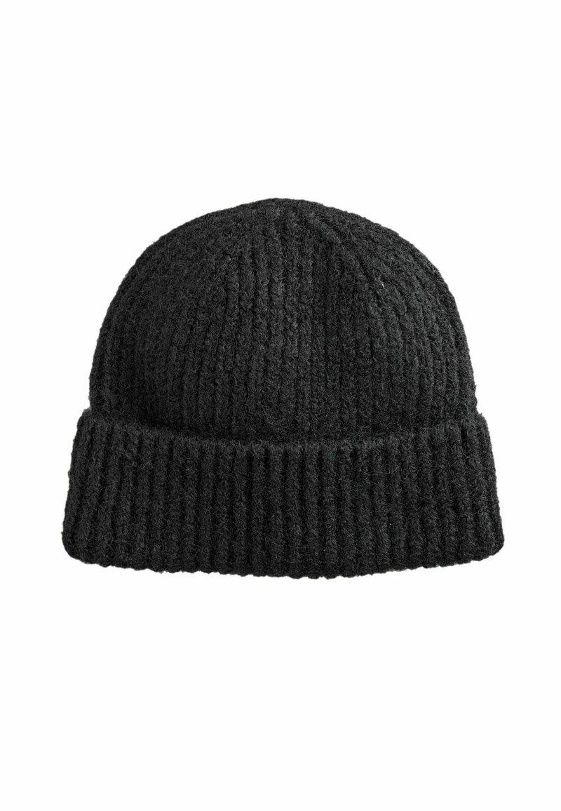 Black knitted beanie hat with folded cuff and ribbed texture, displayed on a white background.