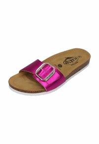 Fuchsia metallic slide sandal with a wide strap, silver buckle accent, brown suede insole, and white rubber sole. Comfort-focused design.