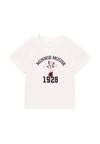 Bílá bavlněná tričko s potiskem Myšky Minnie v rů�žové barvě, s textem "MINNIE MOUSE" a "1928" v kaštanové. Krátké rukávy.