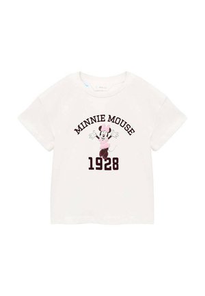 T-shirt en coton blanc avec un design imprimé de Minnie Mouse en rose, accompagné du texte "MINNIE MOUSE" et "1928" en bordeaux. Manches courtes.