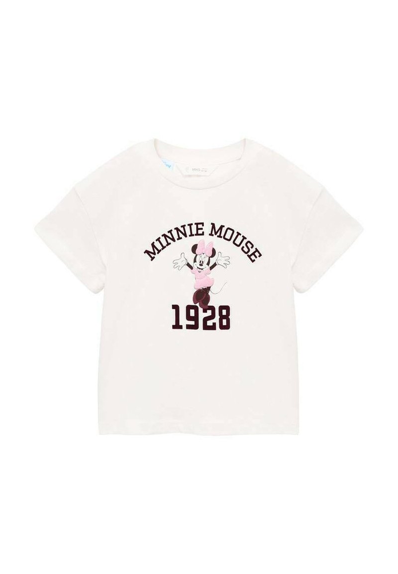 Bílá bavlněná tričko s potiskem Myšky Minnie v růžové barvě, s textem "MINNIE MOUSE" a "1928" v kaštanové. Krátké rukávy.