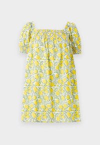Robe courte jaune et verte à motif floral avec manches bouffantes et encolure carrée smockée, posée à plat sur fond blanc.