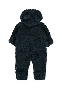 Donker marineblauwe fuzzy jumpsuit met capuchon, voorzien van textuurstof, ronde oren op de capuchon, en omgeslagen mouwen en benen.