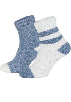 Two pairs of fluffy socks: one light blue, the other white with blue stripes. Both feature ribbed cuffs and contrasting toe accents.