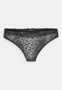 Thong din dantelă neagră, realizat dintr-un material subțire cu un model abstract texturat. Prezintă margini cu volane și un waistband elastic.