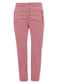 Pantaloni rosa con una vestibilità attillata, chiusura con cinque bottoni, due tasche laterali e tessuto in cotone spazzolato. Presentano dettagli con cuciture curve.