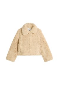 Veste beige courte en tissu moelleux et texturé avec un col arrondi et une fermeture à boutons à l'avant. Manches longues avec une finition en peluche.