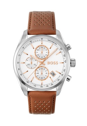 Chronograaf polshorloge met een witte wijzerplaat, roségouden markeringen en wijzers, datumvenster, tachymeter bezel en geperforeerde bruine leren band.