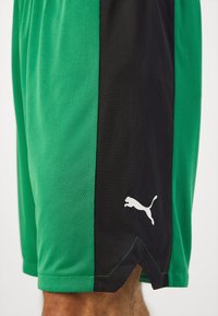 Žalios ir juodos sportinės šortai su kvėpuojančia tinkline tekstūra, su balta Puma logotipu juodoje pusėje ir zigzago formos apdaila.