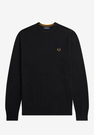 Maglione nero con maniche lunghe, collo rotondo, polsini e orlo a coste, caratterizzato da un piccolo logo dorato a forma di alloro sul petto e un accento giallo sul collo.