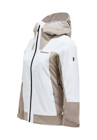 Wasserabweisende Jacke in Weiß mit beigen Akzenten. Verfügt über eine Kapuze, einen Frontreißverschluss und seitliche Taschen. Glatte Textur mit kontrastierenden Einsätzen.