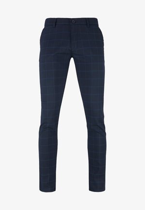 Granatowe spodnie w kratę, wykonane z gładkiego materiału, o slim fit z standardowym paskiem w talii i zapięciem na guzik.