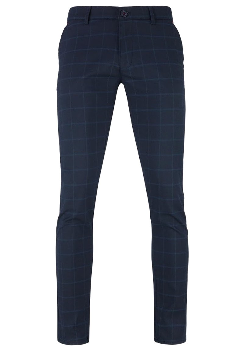 Granatowe spodnie w kratę, wykonane z gładkiego materiału, o slim fit z standardowym paskiem w talii i zapięciem na guzik.