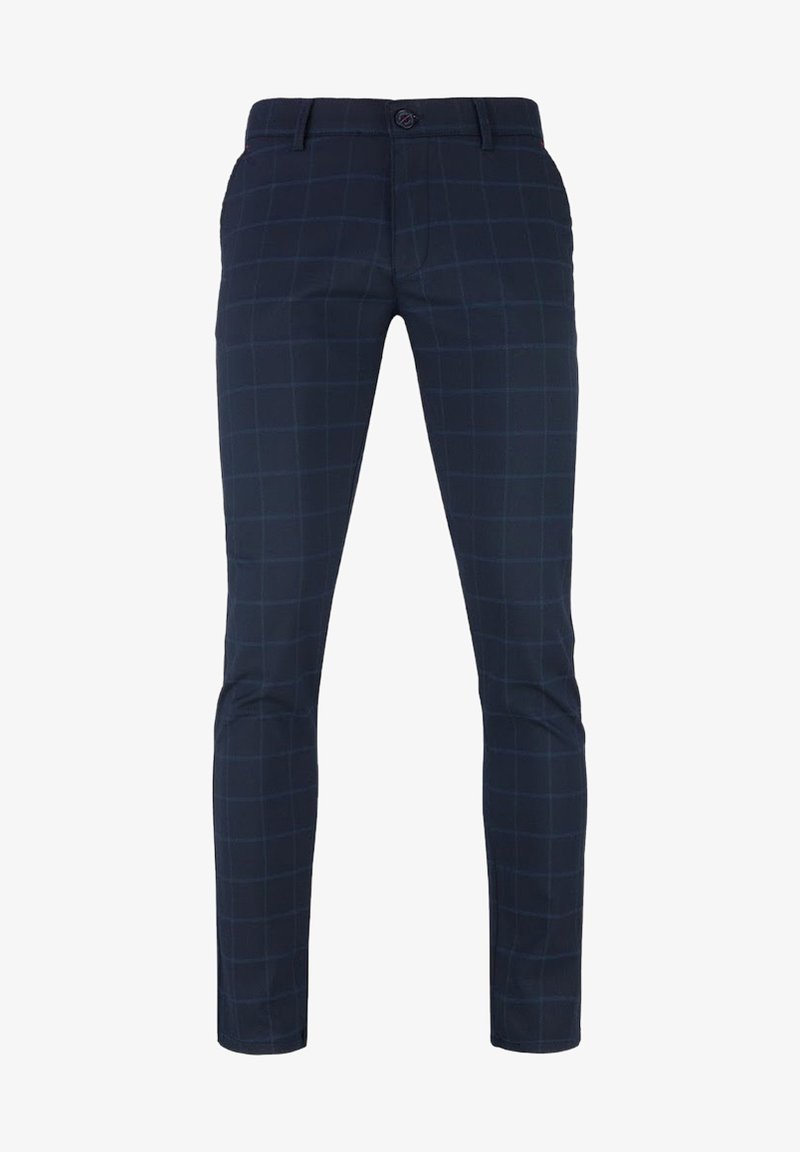 Granatowe spodnie w kratę, wykonane z gładkiego materiału, o slim fit z standardowym paskiem w talii i zapięciem na guzik.